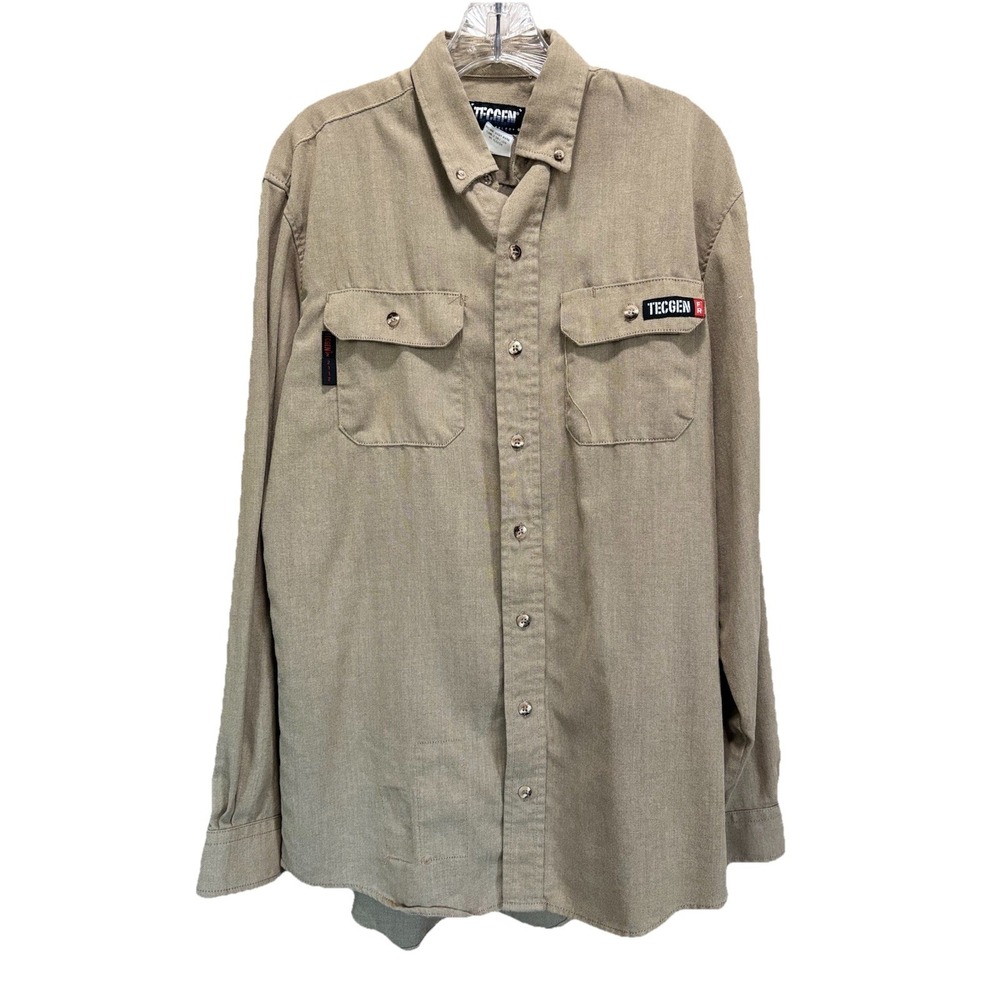 Teggen Mens Button Up Shirt Tan Size Medium Logo Outdoor‎ Work